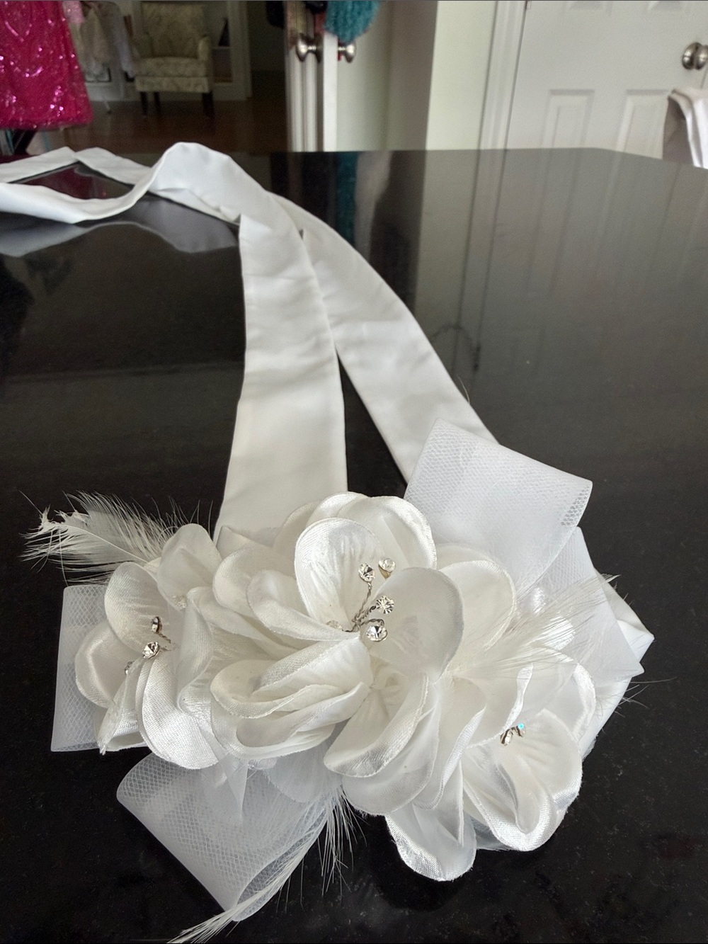 White Floral Satin Sash Belt with Crystal Accents